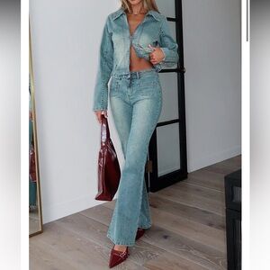 White fox Kayla Mid Rise Flare Jeans Brown Blue Wash